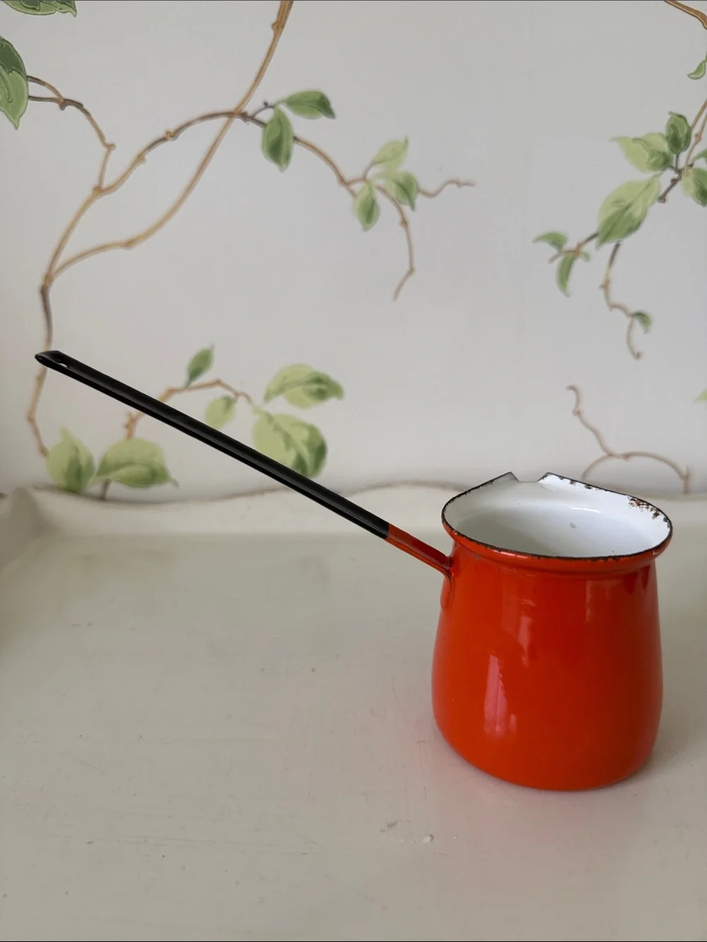 Vintage Orange Enamel Turkish Coffee Pot Butter Warmer Long Handle